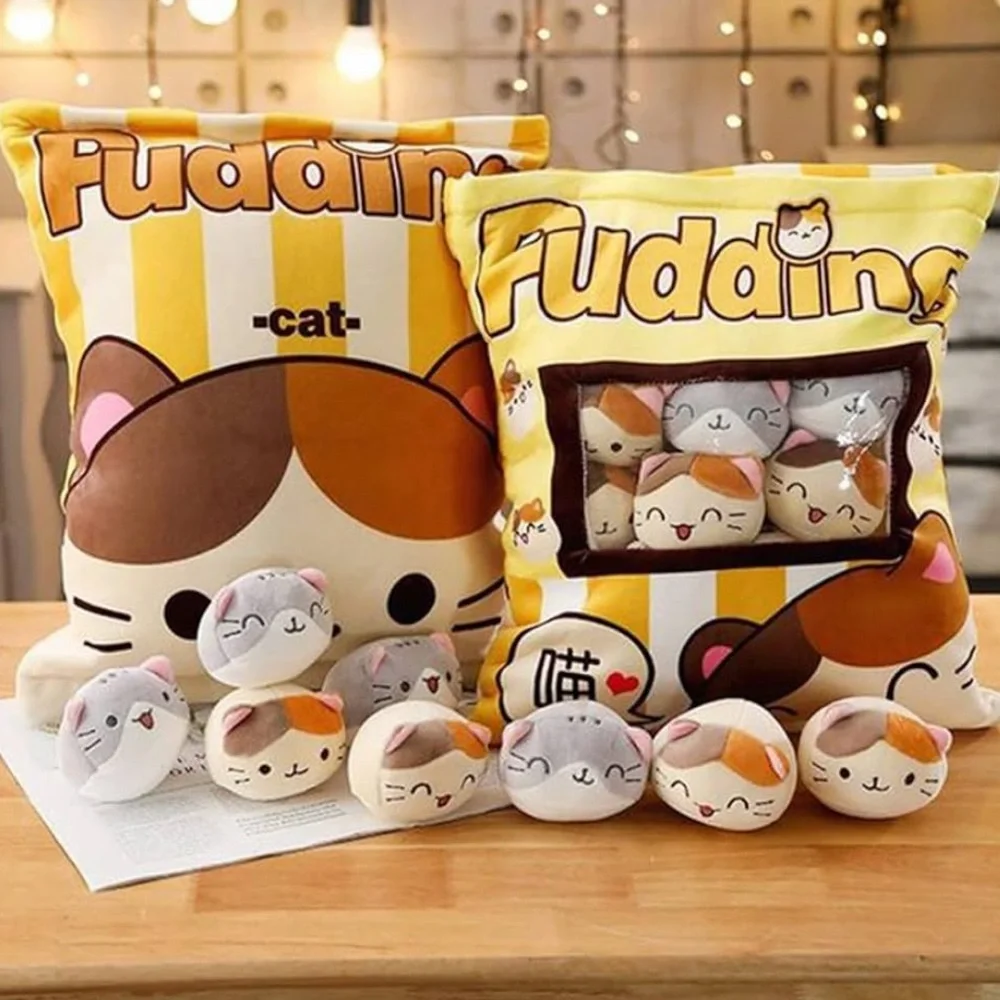 Pudding Cat Kawaii Plush Pillow with 8 Mini Stuffed Kitties Plush Toys